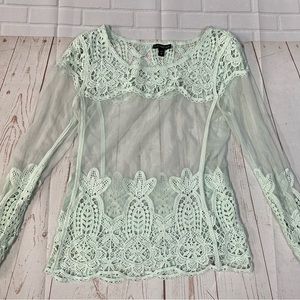 COPY - Express Women’s L/S Blouse Top Sheer Eyelet Crochet Mint Green Pullover …